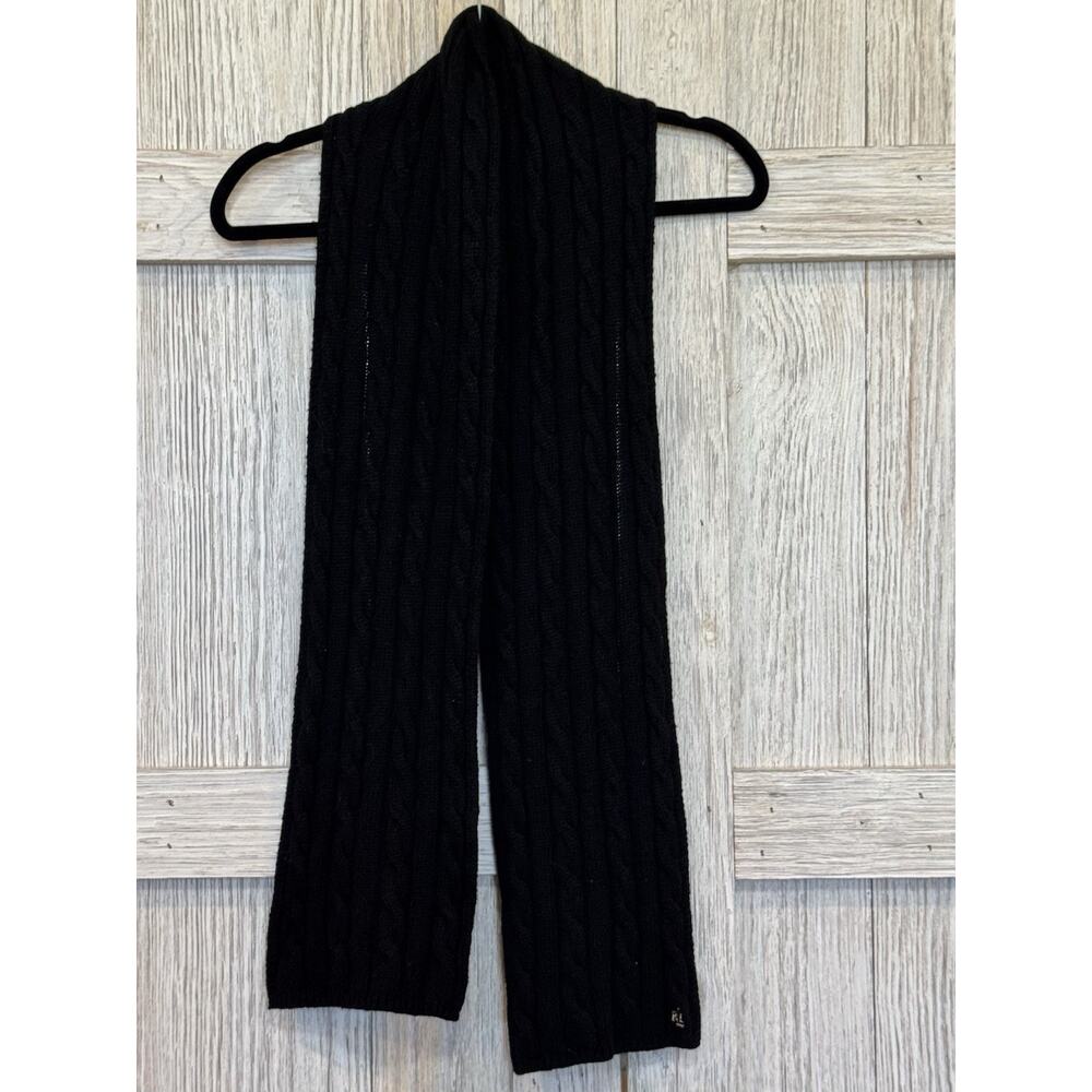 Lauren Ralph Lauren Scarf Black Cable Knit Embroidered Monogram